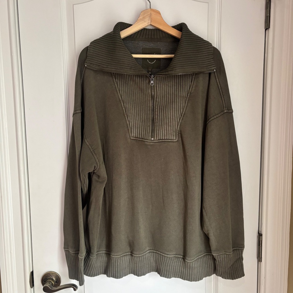 Aerie Womens Oversized Quarter Zip Sweatshirt Olive Green Ribbed Trim Large